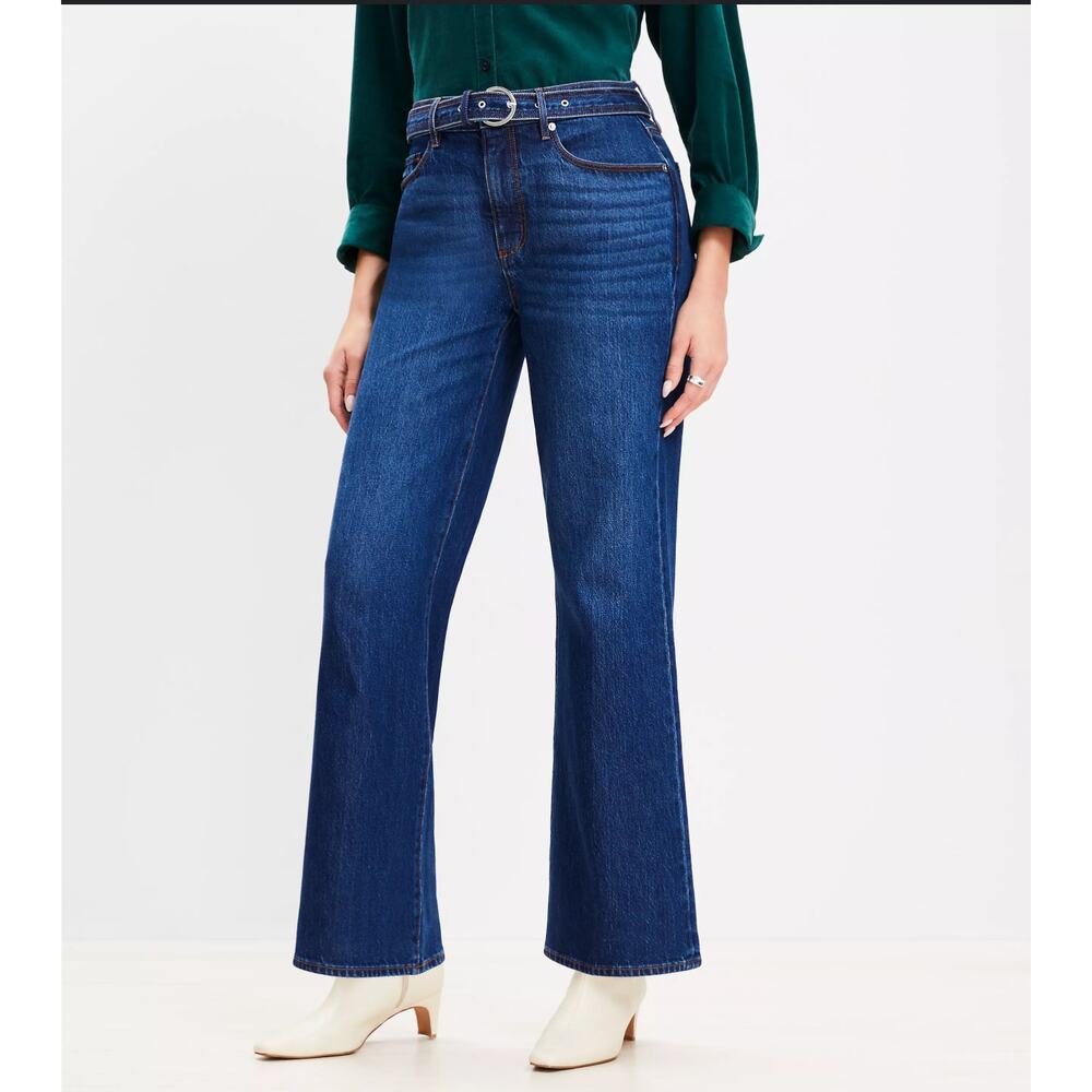 Ann Taylor LOFT Curvy High Rise Belted Wide Leg Jeans Dark Wash Y2K Womens Sz 28